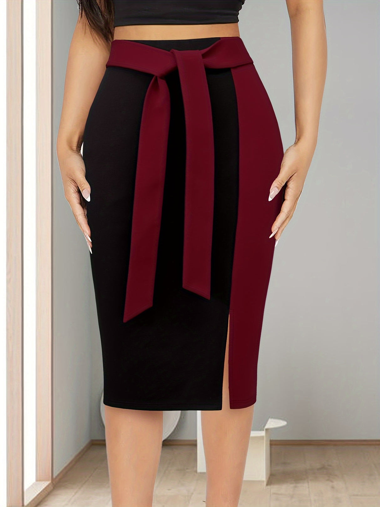 Provain Shop Elegant Fall/Winter Bodycon Skirt - Color Block, Stretch Fit, Easy Care, Chic Style 