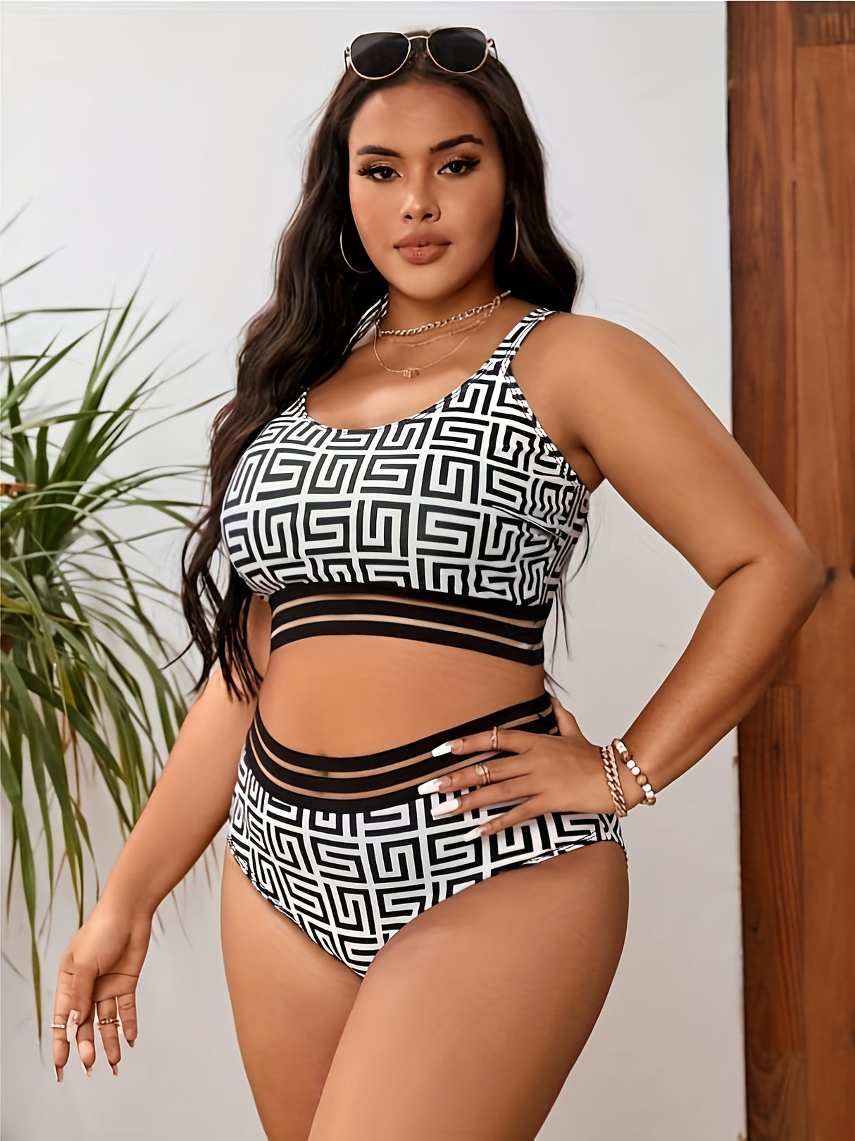 Provain Shop Plus Size Classic Bikini Set, Women's Geometric Print Scoop Neck Mesh Contrast Stretchy Bra & Panty Swimsuit 2 Piece Set 