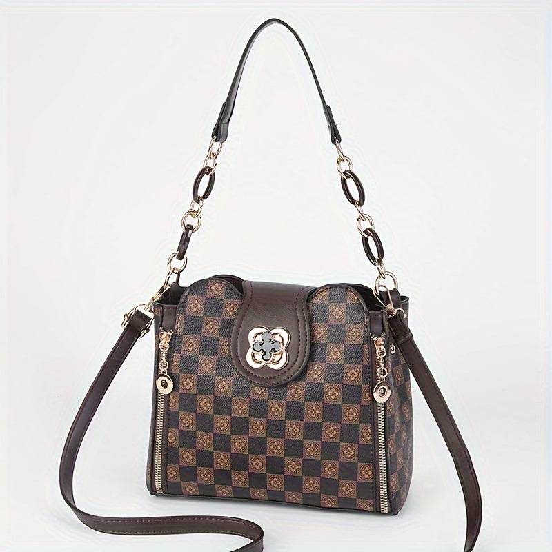 Provain Shop Geometric Pattern Crossbody Bag, Women's Flower Buckle Bucket Bag, Retro Chain Handbag & Purse 