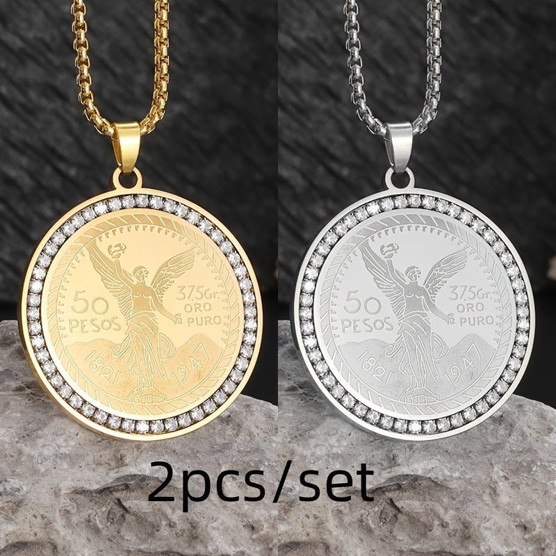 2pcs/set Fashionable and Exquisite Stainless Steel Statue of Liberty Pendant Exquisite Zircon Coin Necklace for Men and Women Daily Casual Lucky Amulet Fashionable Elegant Charm Versatile Jewelry Gift Unisex Provain Shop