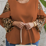 Provain Shop Plus Size Chic Leopard Print Top - Fashionable Colorblock Ruffle Trim - Soft Long Sleeve Round Neck - Slight Stretch for Comfort - Perfect for Elegant Women 