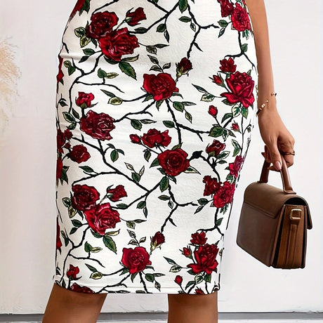Floral Print High Waist Bodycon Skirt, Elegant Knee Length Pencil Skirt, Women's Clothing provain