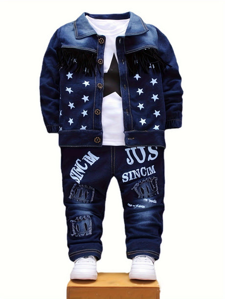 3pcs Baby Boy's Cowboy Denim Outfit, Tassel Denim Jacket & Star Pattern Long Sleeve Top & Jeans Set, Baby's Clothing, As Gift Provain Shop