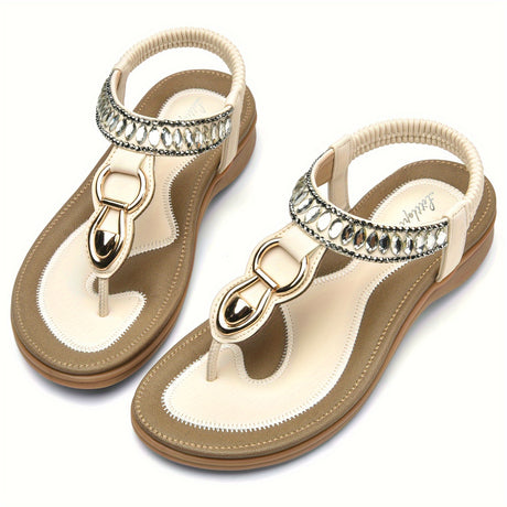 Bohemian Chic Womens Flat Sandals - Rhinestone Adorned, Easy Slip-On, Elastic Strapped Shoes for Casual Summer Comfort Provain Shop