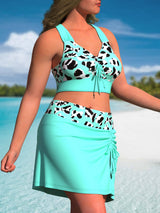 Provain Shop Plus Size Chic Cow Print Bikini Set - Flirty Tie Front Top with Criss Cross Back & Lace-Up Skirt Bottoms - Beach & Poolside Essentials 