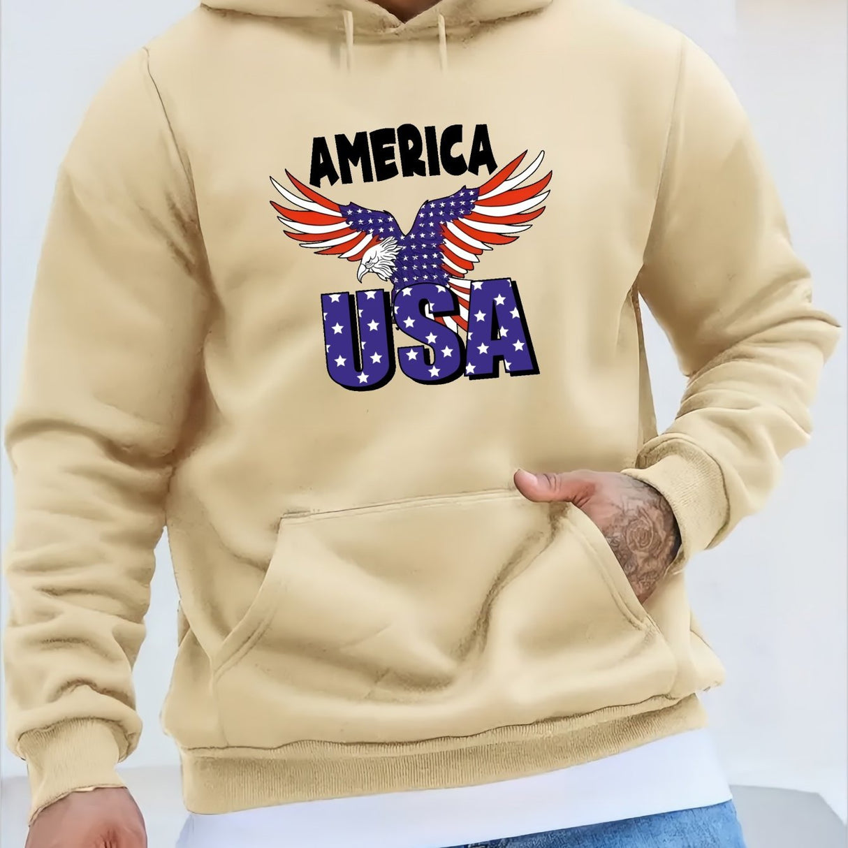 Provain Shop America USA Eagle Pattern Print Hooded Sweatshirt, Personalized Hoodies Fashion Casual Tops For Spring Autumn, Men's Clothing 