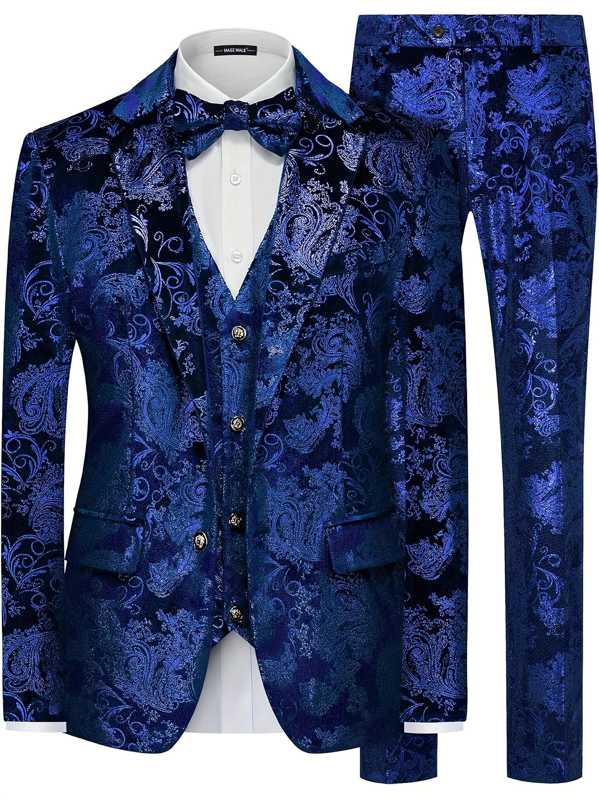 1 Vest 1 Shirt 1 Pants - Slim Fit Floral 3 Piece Suit Set for Men - Polyester Non-Stretch Lapel Suit with Hot Stamping, Flocking, and Bow Tie for Prom Party Provain Shop