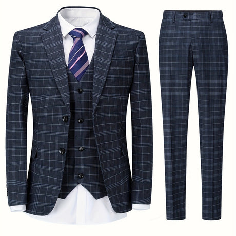 Provain Shop Formal 3 Pieces Set, Men's Two Button Retro Plaid Suit Jacket & Single Breasted Vest & Pants Suit Set For Business Dinner Wedding Party 