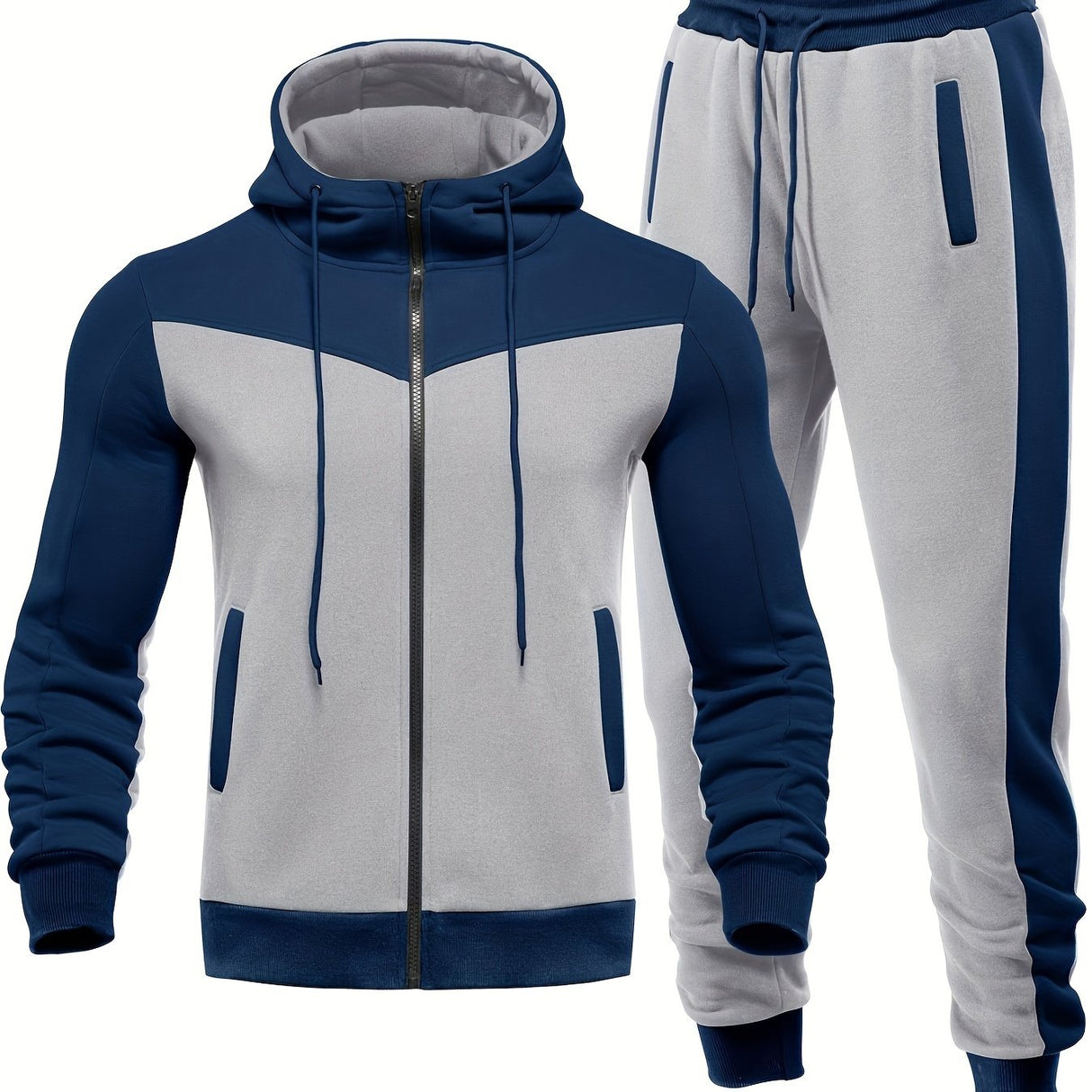 Provain Shop Mens Color Block 2 Piece Outfits, Hooded Zip Breathable Casual Jacket And Casual Drawstring Sweatpants Set For Spring Autumn, Men's Clothing 