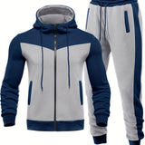 Mens Color Block 2 Piece Outfits, Hooded Zip Breathable Casual Jacket And Casual Drawstring Sweatpants Set For Spring Autumn, Men's Clothing Provain Shop