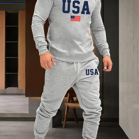 Men's Patriotic 2Pc Outfit - American Flag Graphic Pullover & Joggers Set - Comfortable Casual Wear for Spring/Fall Provain Shop