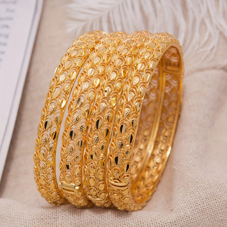 Provain Shop Vintage Bangle 24k Plated Retro Carving On The Surface Traditional Engagement / Wedding Jewelry Perfect Gift For Female 