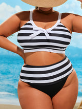 Provain Shop Plus Size Vacay Bikini Set, Women's Plus Stripe Print Bow Knot Decor V Neck Bra & Panty Swimsuit Two Piece Set 