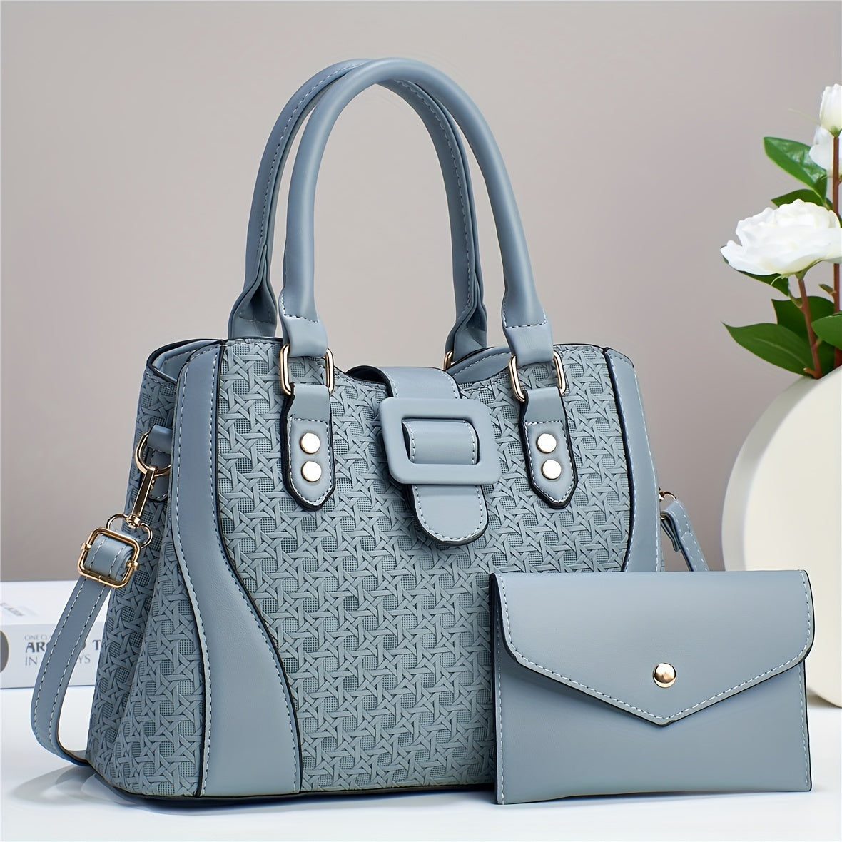 Provain Shop 2pcs Woven Pattern Purse Set, Women Luxury Handbag, Fashion Crossbody Tote Bag With Clutch Bag 