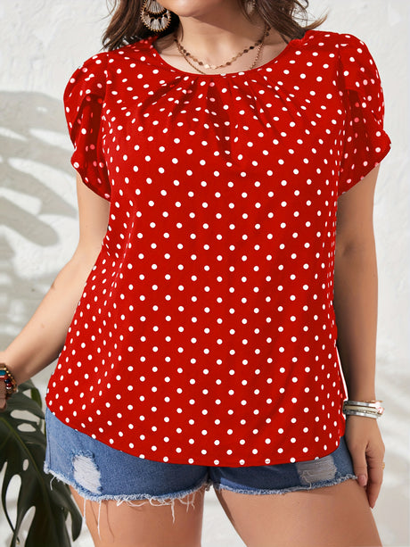 Provain Shop Chic Plus Size Top - Eye-Catching Polka Dots, Relaxed Fit Crew Neck, Short Sleeve, Versatile Casual Wear 