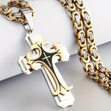 Provain Shop Men's Vintage Flat Handmade Necklace With Multilayer Golden Black Stainless Steel Cross Pendant Necklace Jewelry 