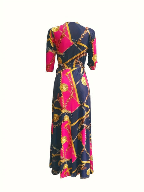 Elegant Chain Print Maxi Dress - V-Neck, Comfortable Half Sleeves for Parties & Evening Events provain
