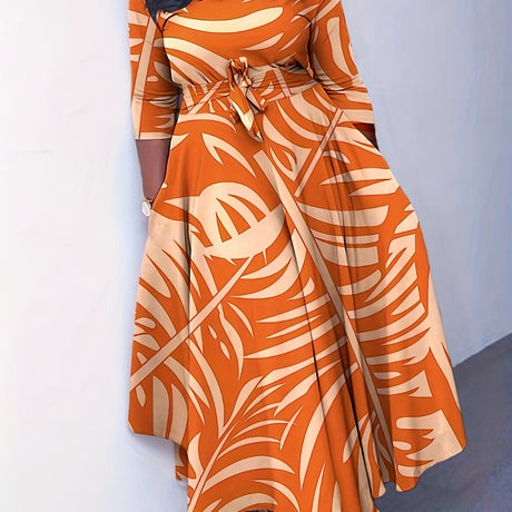 Geo Print Belted Maxi Dress - Comfortable Crew Neck, Elegant Half Sleeves - Perfect for Casual to Formal Occasions provain