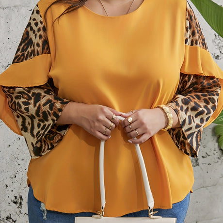 Provain Shop Plus Size Chic Leopard Print Top - Fashionable Colorblock Ruffle Trim - Soft Long Sleeve Round Neck - Slight Stretch for Comfort - Perfect for Elegant Women 