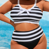 Provain Shop Plus Size Vacay Bikini Set, Women's Plus Stripe Print Bow Knot Decor V Neck Bra & Panty Swimsuit Two Piece Set 