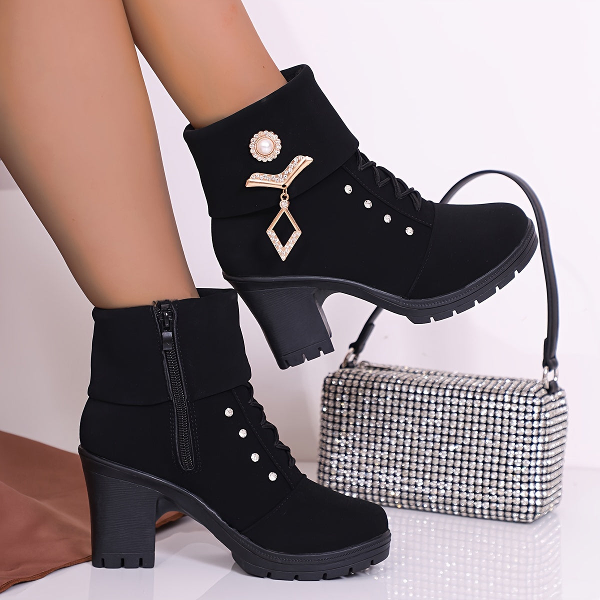 Womens Fashionable Rhinestone Chunky Heel Ankle Boots Provain Shop