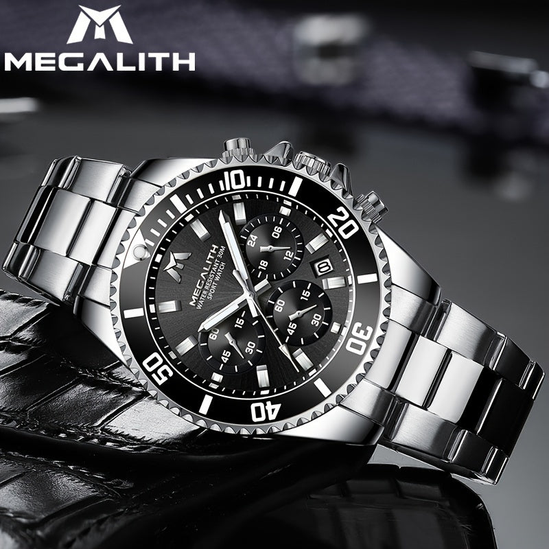 MEGALITH 30m WaterResistant Quartz Watch  Classic Round Stainless Steel Case Chronograph Stopwatch Date Display Fashionable Analog Pointer Watch for Mens Business Casual Dress